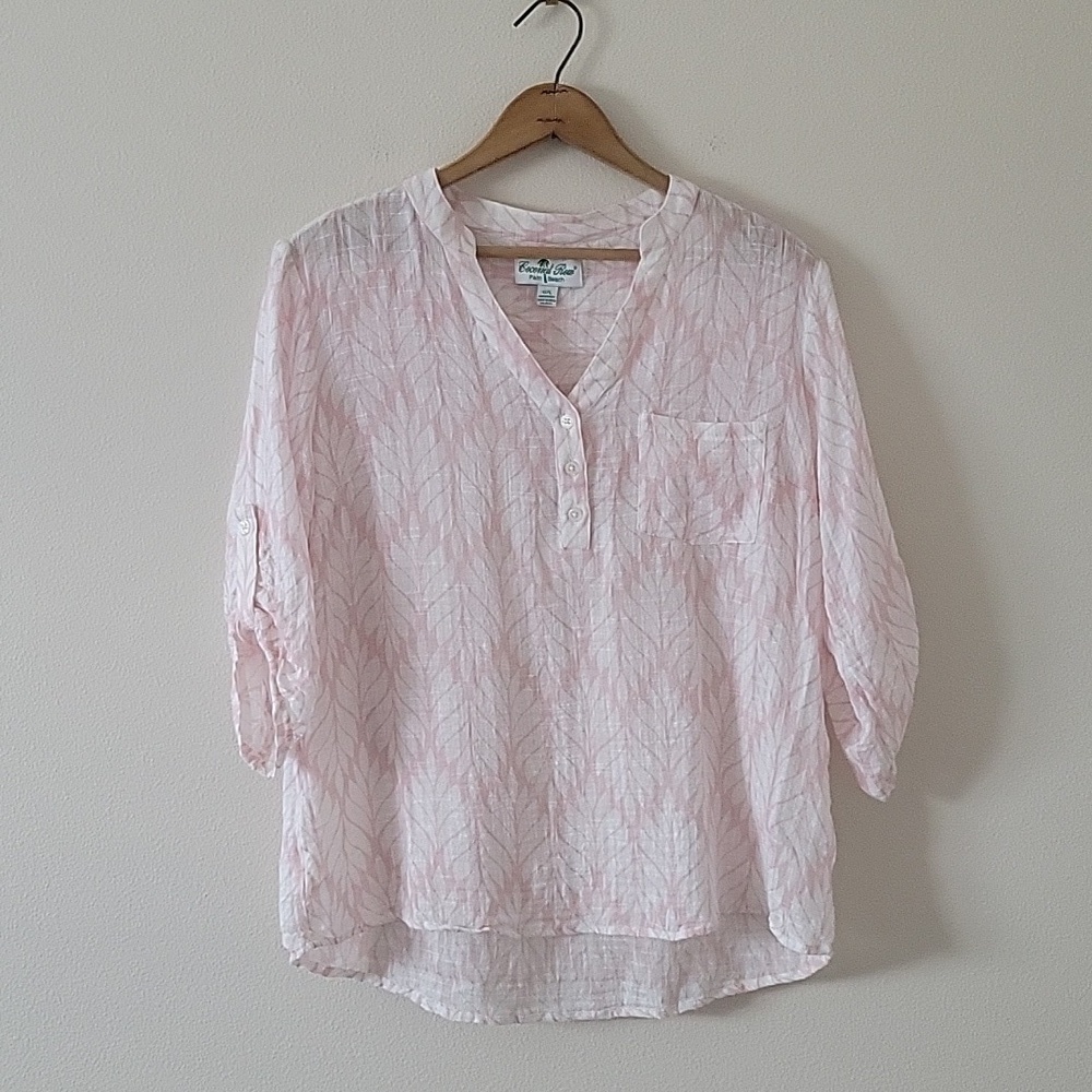 Coconut Row White Pink Linen Popover Blouse Size Large